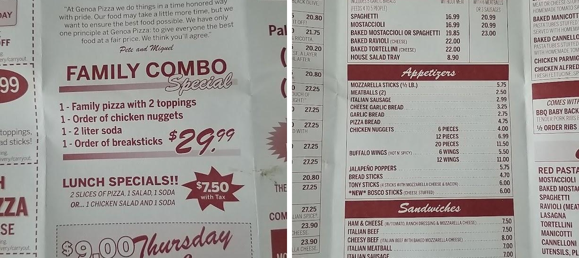Genoa Pizza Menu